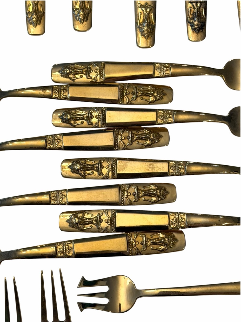 VTG Thai Flatware Set Gold Tone Erawan 3 Head Elephant 84 Pc + Case / Serving